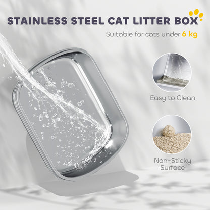 Covered Stainless Steel Cat Litter Box with Flip-Top Lid, Dual Entry, Scoop, High Walls, Leak-Resistant, Odor-Control, Easy to Clean - Light Gray