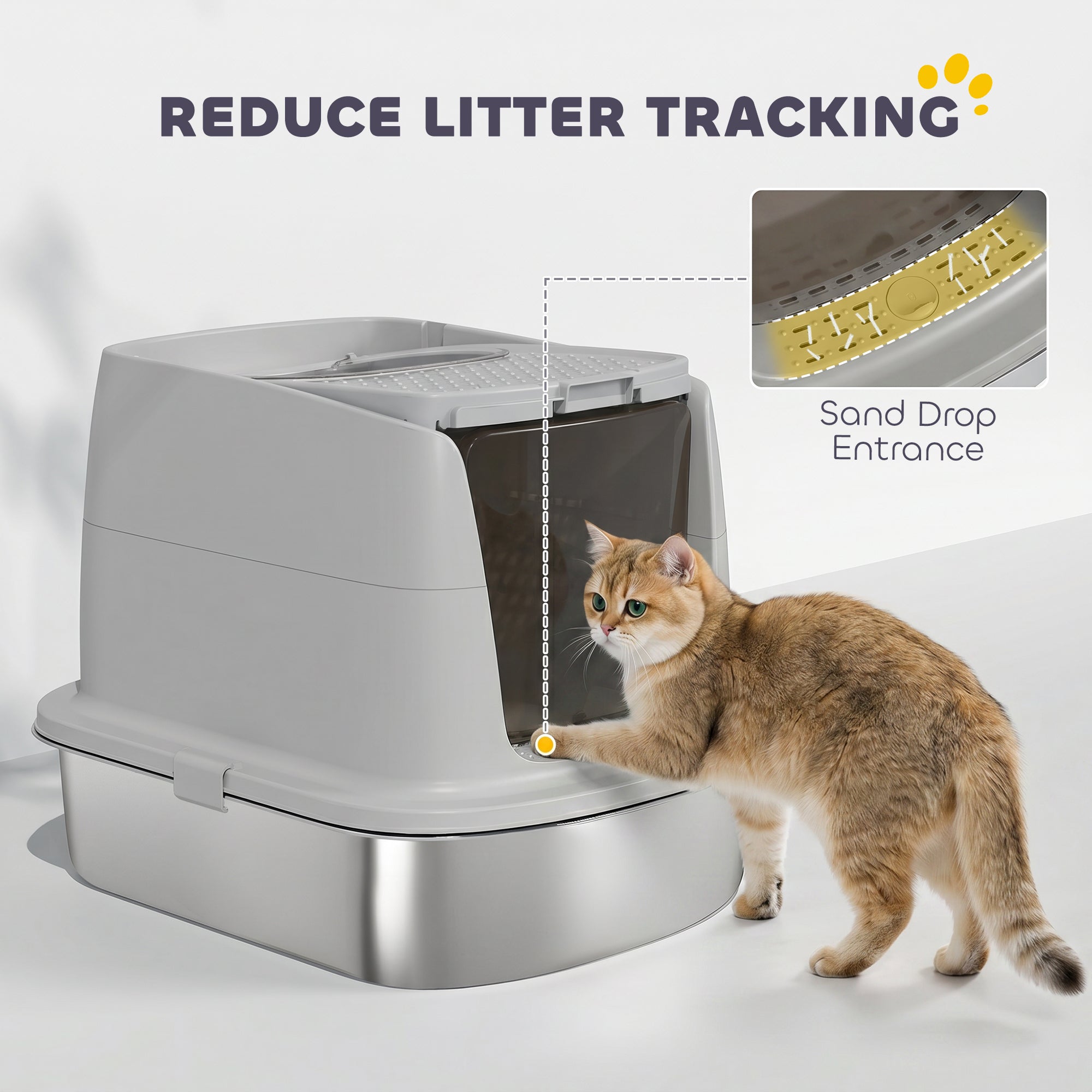 Covered Stainless Steel Cat Litter Box with Flip-Top Lid, Dual Entry, Scoop, High Walls, Leak-Resistant, Odor-Control, Easy to Clean - Light Gray