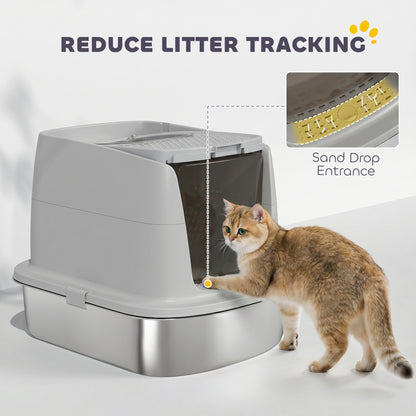 Covered Stainless Steel Cat Litter Box with Flip-Top Lid, Dual Entry, Scoop, High Walls, Leak-Resistant, Odor-Control, Easy to Clean - Light Gray