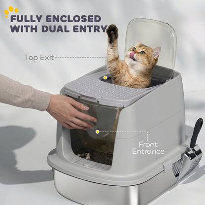 Covered Stainless Steel Cat Litter Box with Flip-Top Lid, Dual Entry, Scoop, High Walls, Leak-Resistant, Odor-Control, Easy to Clean - Light Gray