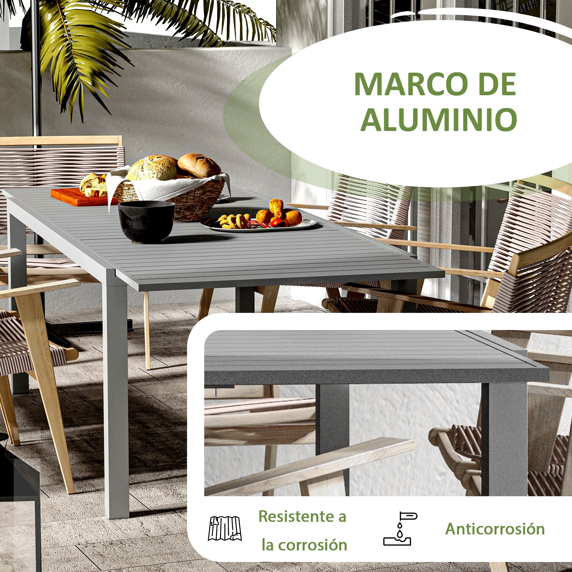 Aluminum Extendable Garden Table Outdoor Dining Table Terrace Rectangular Table for 6-8 People 50 kg Load for Balcony 180/240x94x73 cm Dark Gray
