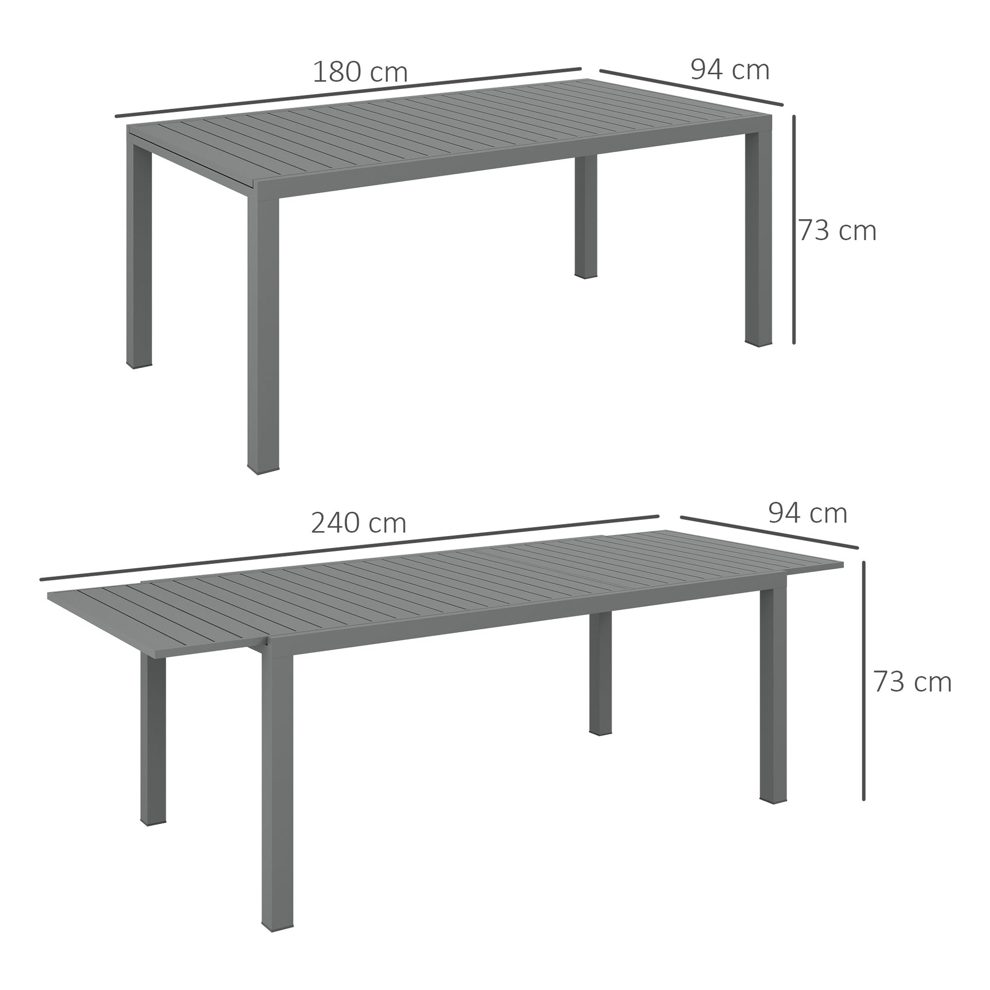 Aluminum Extendable Garden Table Outdoor Dining Table Terrace Rectangular Table for 6-8 People 50 kg Load for Balcony 180/240x94x73 cm Dark Gray