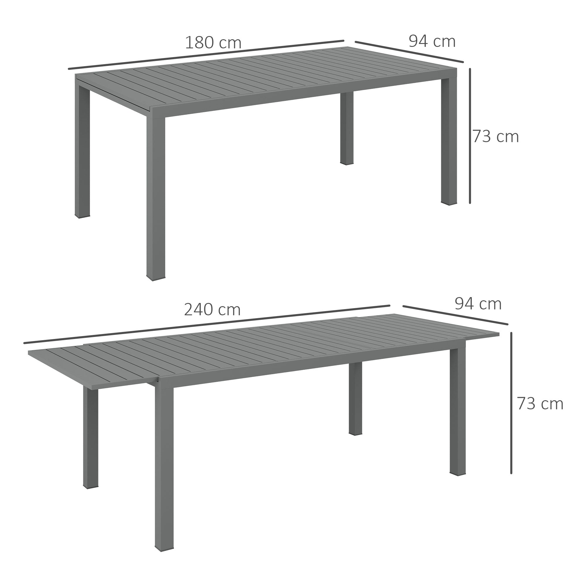Aluminum Extendable Garden Table Outdoor Dining Table Terrace Rectangular Table for 6-8 People 50 kg Load for Balcony 180/240x94x73 cm Dark Gray