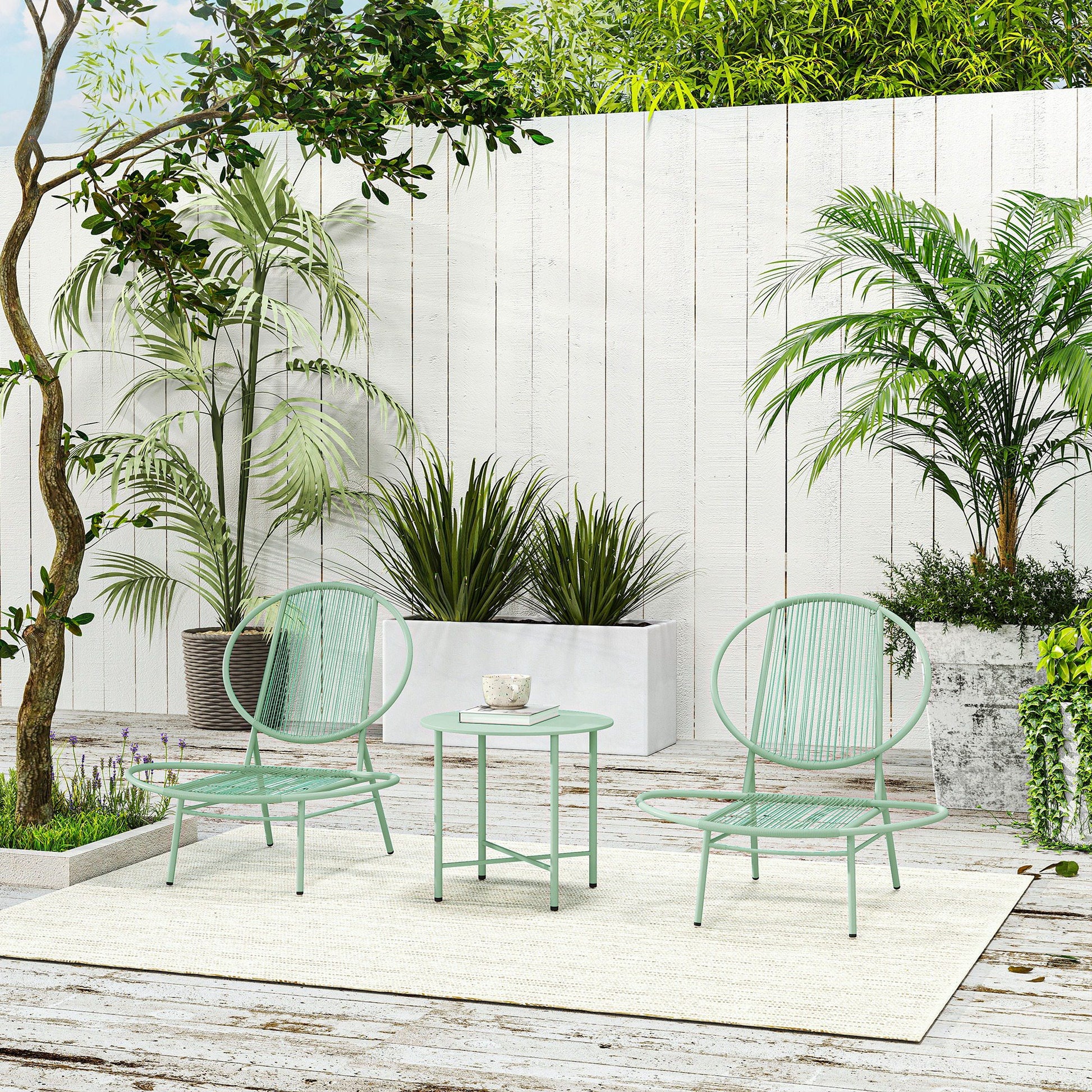 3-Piece Steel Bistro Set Weatherproof Garden Furniture Set with Bistro Table Ergonomic Shell-Shaped Garden Chairs Outdoor Balcony Furniture Set Seating Group Balcony Set Garden Furniture Green