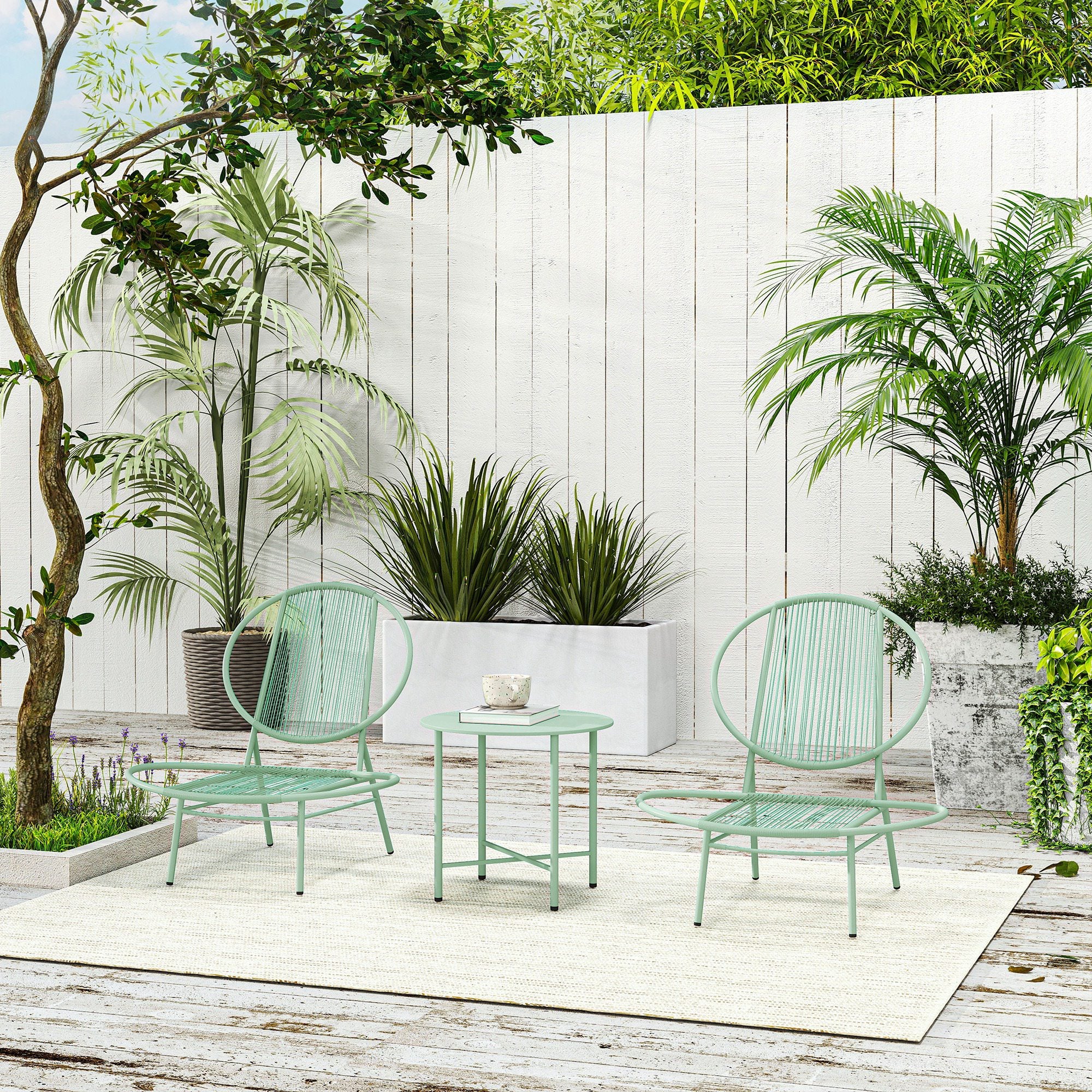 3-Piece Steel Bistro Set Weatherproof Garden Furniture Set with Bistro Table Ergonomic Shell-Shaped Garden Chairs Outdoor Balcony Furniture Set Seating Group Balcony Set Garden Furniture Green