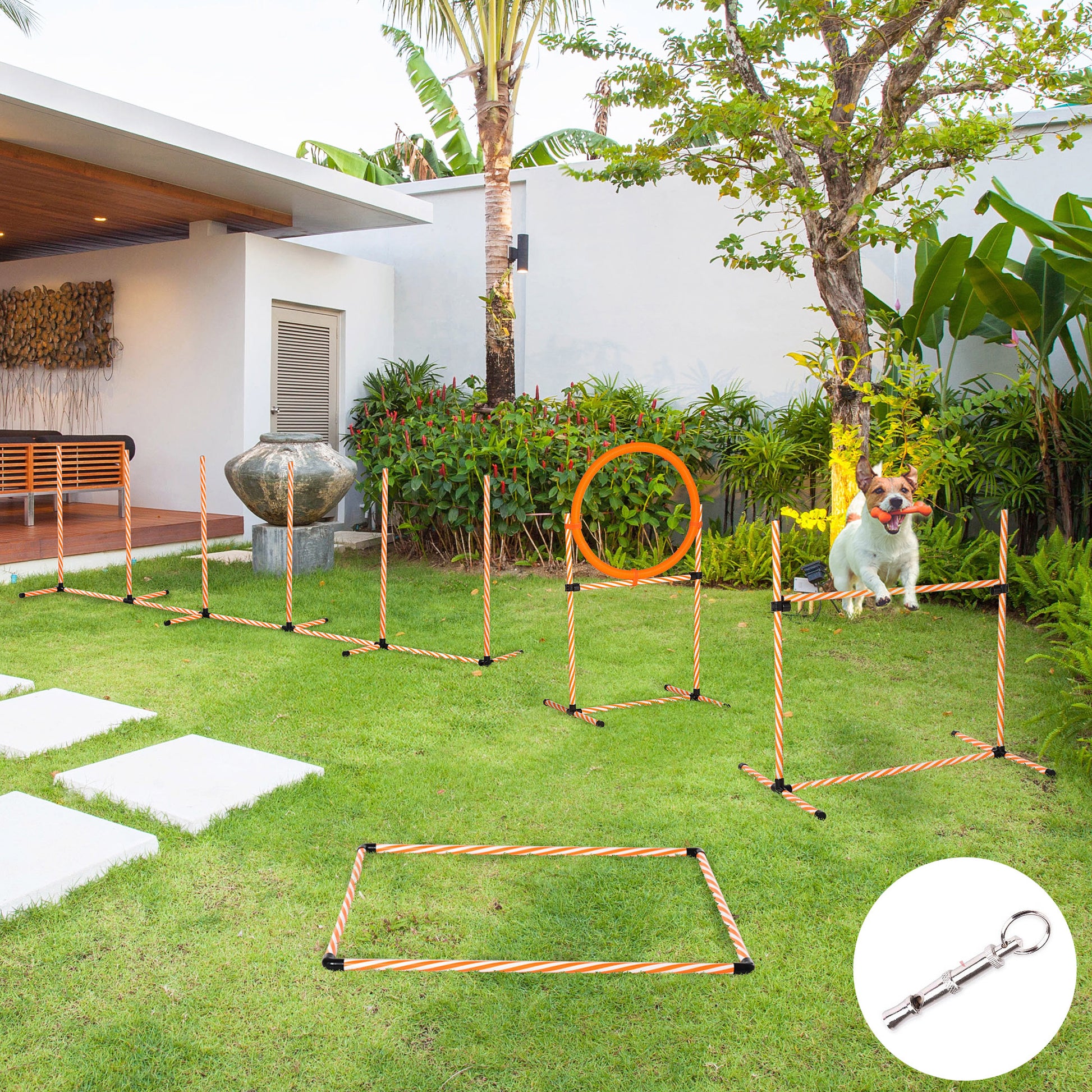 4-Piece Dog Agility Training Set Agility Game for Dogs with Slalom Stakes Rest Area Fence and Orange Jump Ring