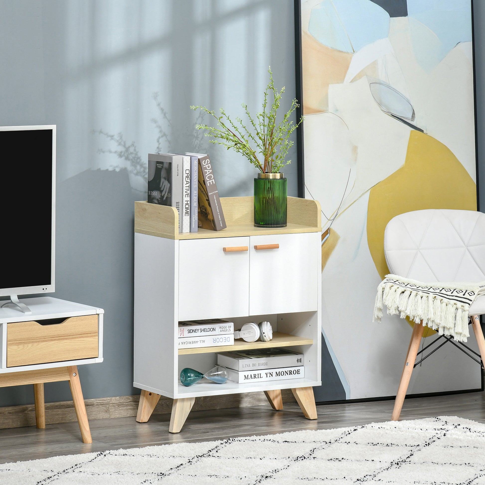 Multi-Purpose Cabinet with Cabinet and Open Shelves, Furniture for Living Room, Kitchen, Office in White Wood, 60x30x78cm