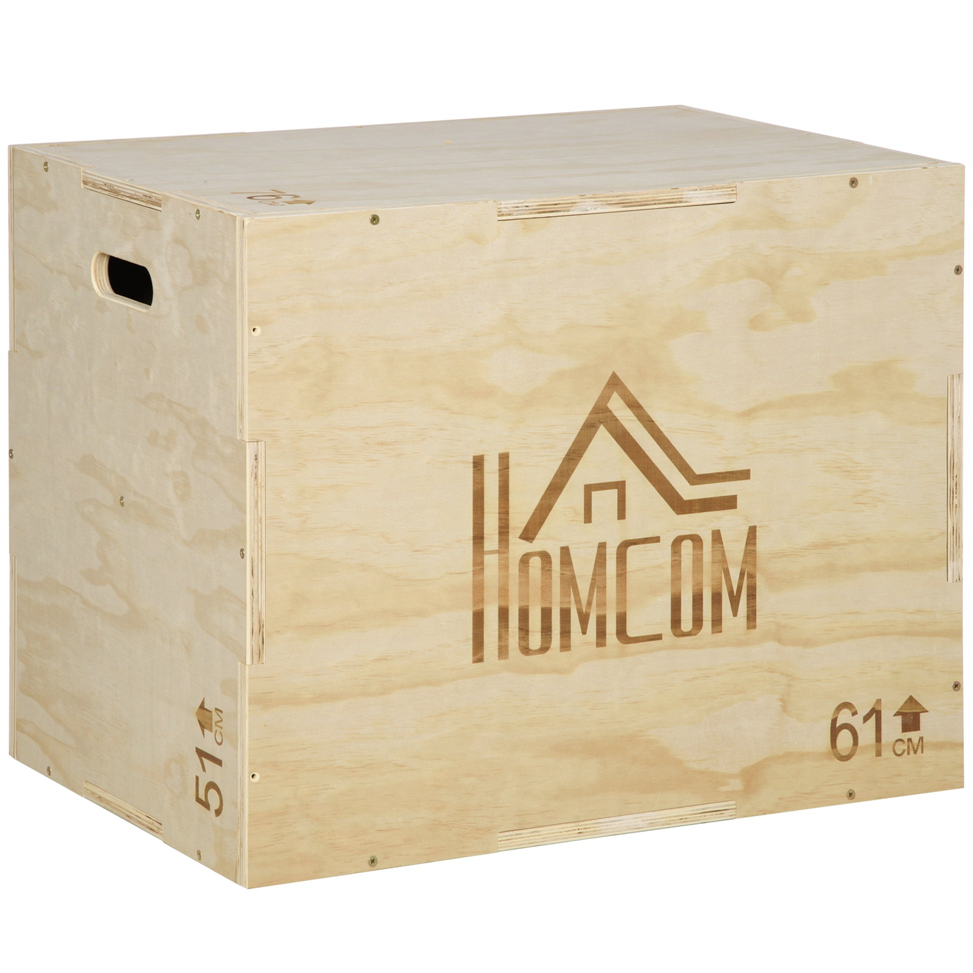 3-in-1 Wooden Plyometric Box Jump Box with 2 Hollow Handles Home Office Gym CrossFit Strength Training Load 120 kg 61x51x76 cm Natural Wood