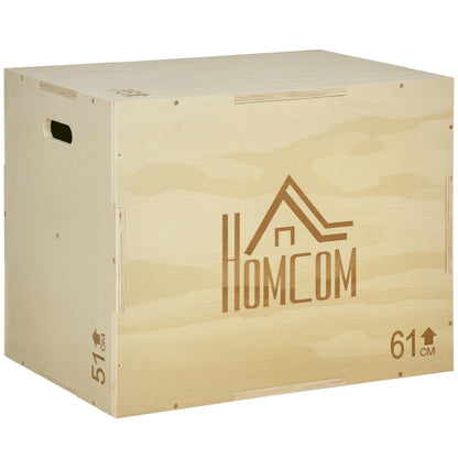 3-in-1 Wooden Plyometric Box Jump Box with 2 Hollow Handles Home Office Gym CrossFit Strength Training Load 120 kg 61x51x76 cm Natural Wood