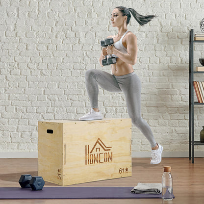 3-in-1 Wooden Plyometric Box Jump Box with 2 Hollow Handles Home Office Gym CrossFit Strength Training Load 120 kg 61x51x76 cm Natural Wood