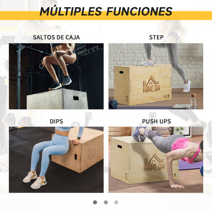3-in-1 Wooden Plyometric Box Jump Box with 2 Hollow Handles Home Office Gym CrossFit Strength Training Load 120 kg 61x51x76 cm Natural Wood