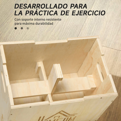 3-in-1 Wooden Plyometric Box Jump Box with 2 Hollow Handles Home Office Gym CrossFit Strength Training Load 120 kg 61x51x76 cm Natural Wood