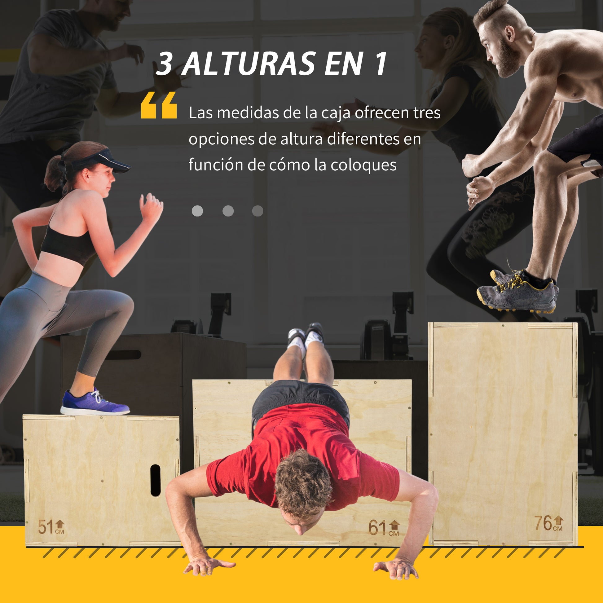 3-in-1 Wooden Plyometric Box Jump Box with 2 Hollow Handles Home Office Gym CrossFit Strength Training Load 120 kg 61x51x76 cm Natural Wood