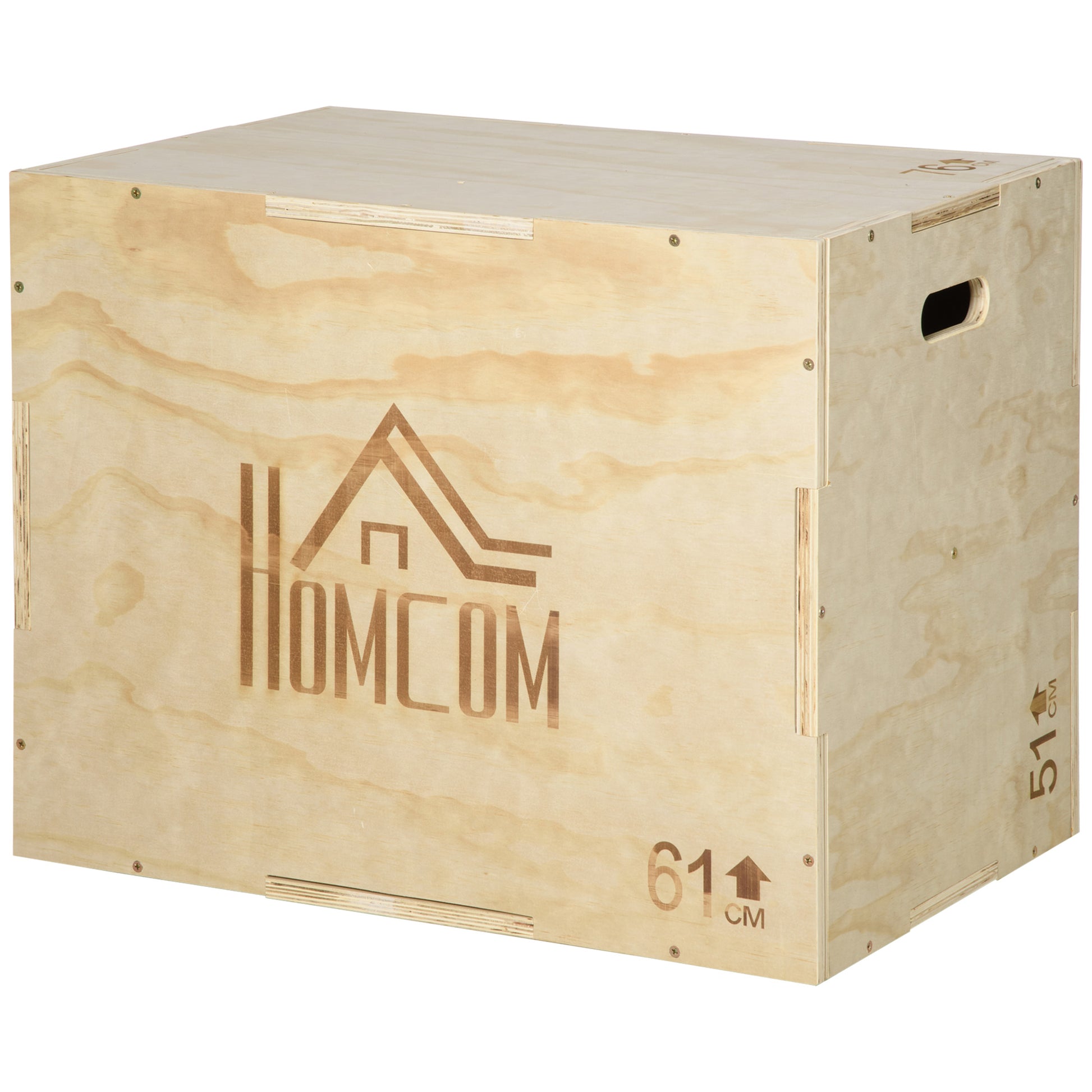 3-in-1 Wooden Plyometric Box Jump Box with 2 Hollow Handles Home Office Gym CrossFit Strength Training Load 120 kg 61x51x76 cm Natural Wood