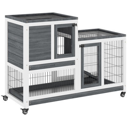 2-Level Wooden Rabbit Hutch with Wheels Doors Open Area Ramp and 2 Removable Trays Indoor Rabbit Hutch 110x50x88 cm Gray