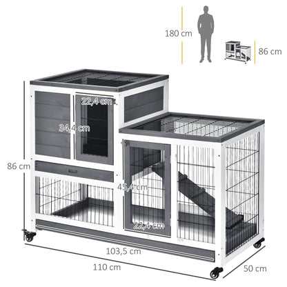 2-Level Wooden Rabbit Hutch with Wheels Doors Open Area Ramp and 2 Removable Trays Indoor Rabbit Hutch 110x50x88 cm Gray