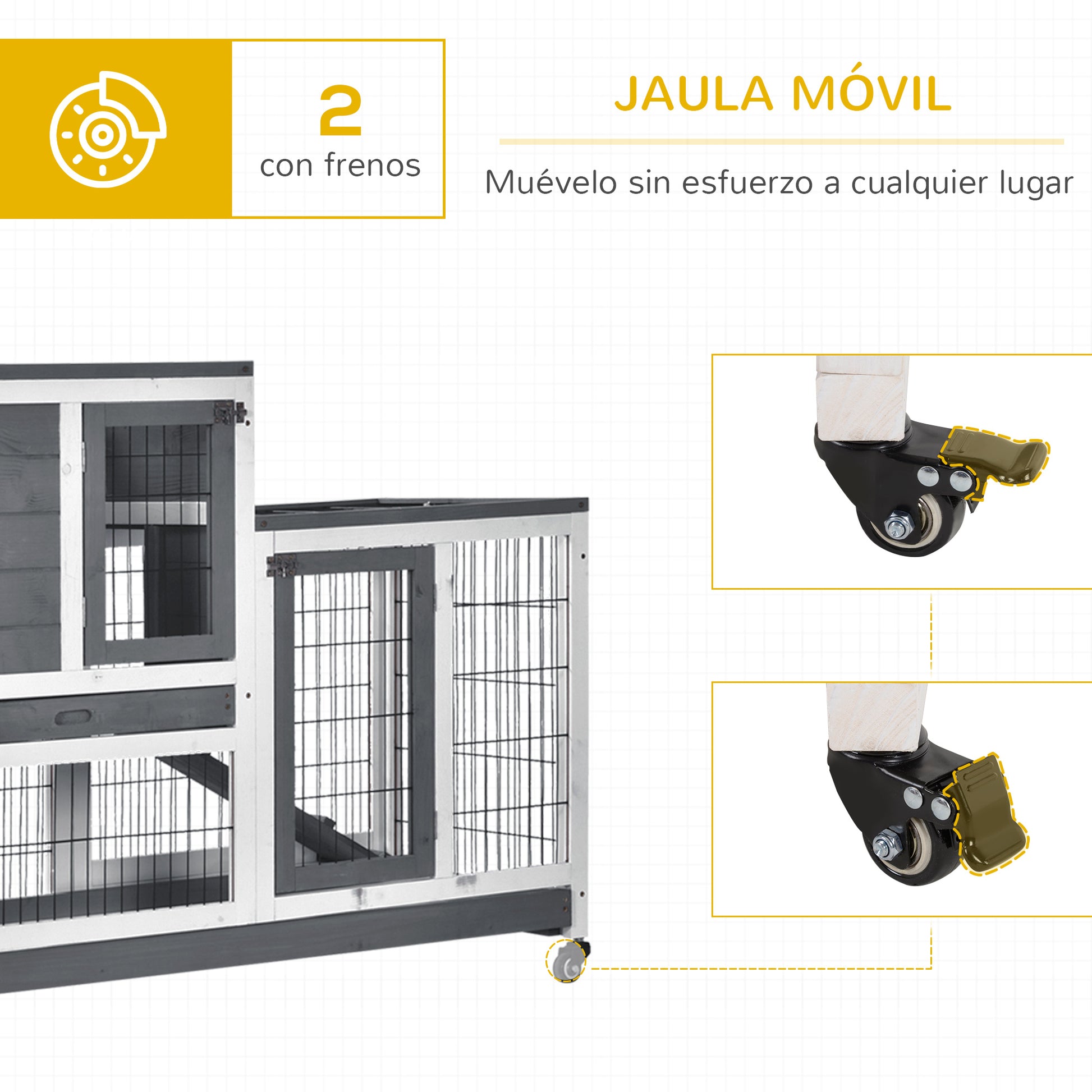 2-Level Wooden Rabbit Hutch with Wheels Doors Open Area Ramp and 2 Removable Trays Indoor Rabbit Hutch 110x50x88 cm Gray