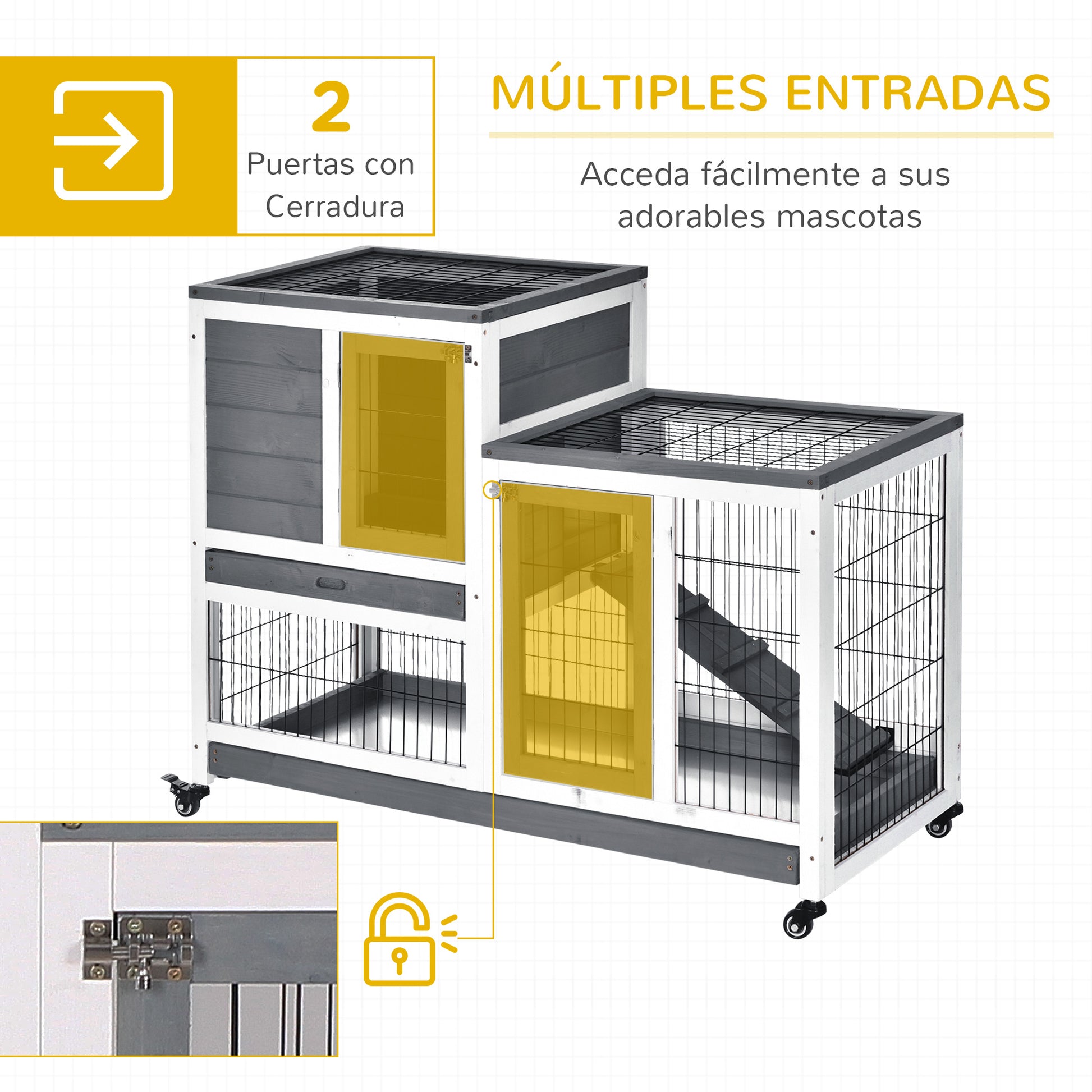 2-Level Wooden Rabbit Hutch with Wheels Doors Open Area Ramp and 2 Removable Trays Indoor Rabbit Hutch 110x50x88 cm Gray