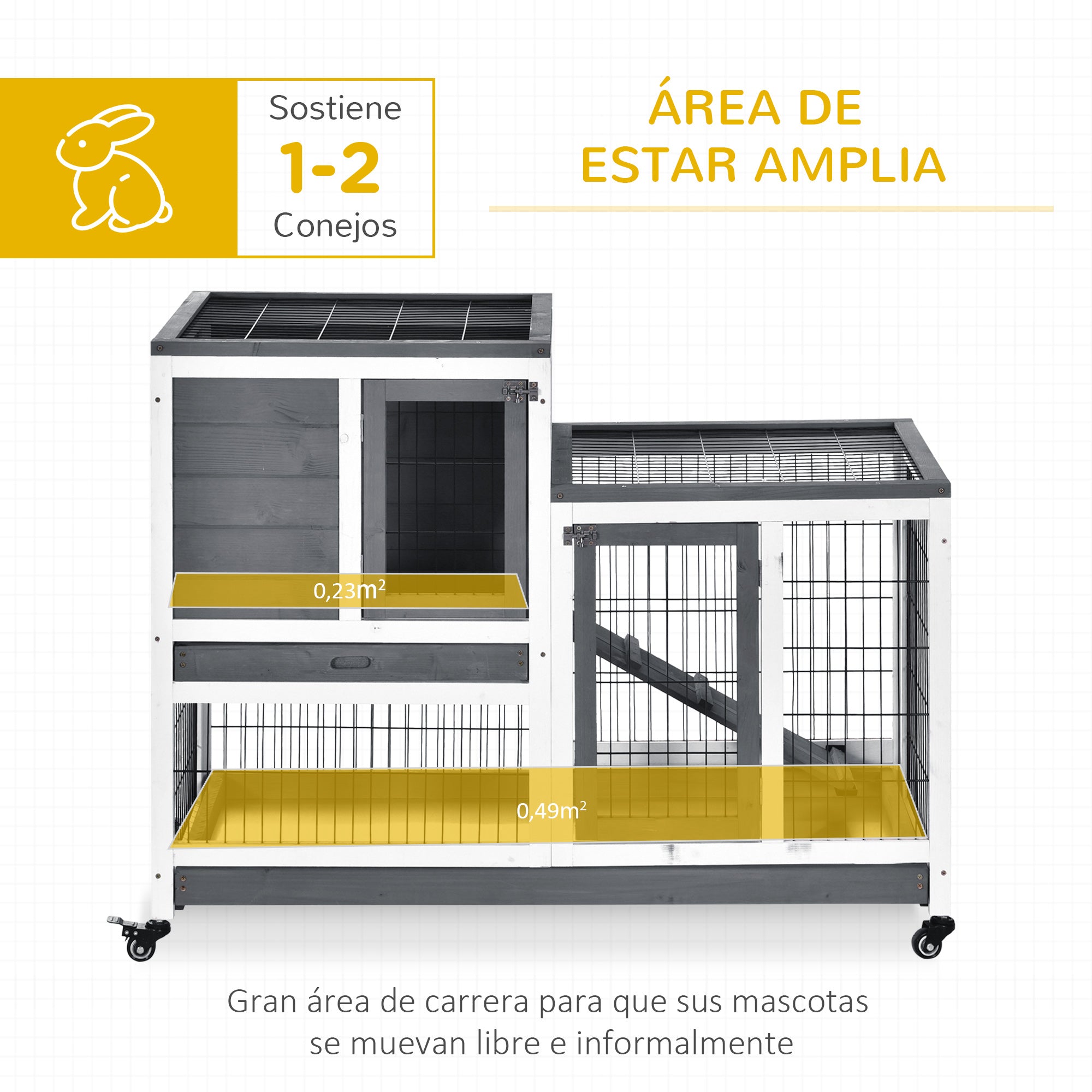 2-Level Wooden Rabbit Hutch with Wheels Doors Open Area Ramp and 2 Removable Trays Indoor Rabbit Hutch 110x50x88 cm Gray