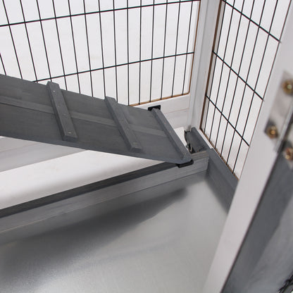 2-Level Wooden Rabbit Hutch with Wheels Doors Open Area Ramp and 2 Removable Trays Indoor Rabbit Hutch 110x50x88 cm Gray