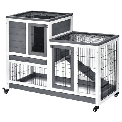 2-Level Wooden Rabbit Hutch with Wheels Doors Open Area Ramp and 2 Removable Trays Indoor Rabbit Hutch 110x50x88 cm Gray