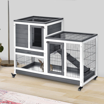 2-Level Wooden Rabbit Hutch with Wheels Doors Open Area Ramp and 2 Removable Trays Indoor Rabbit Hutch 110x50x88 cm Gray