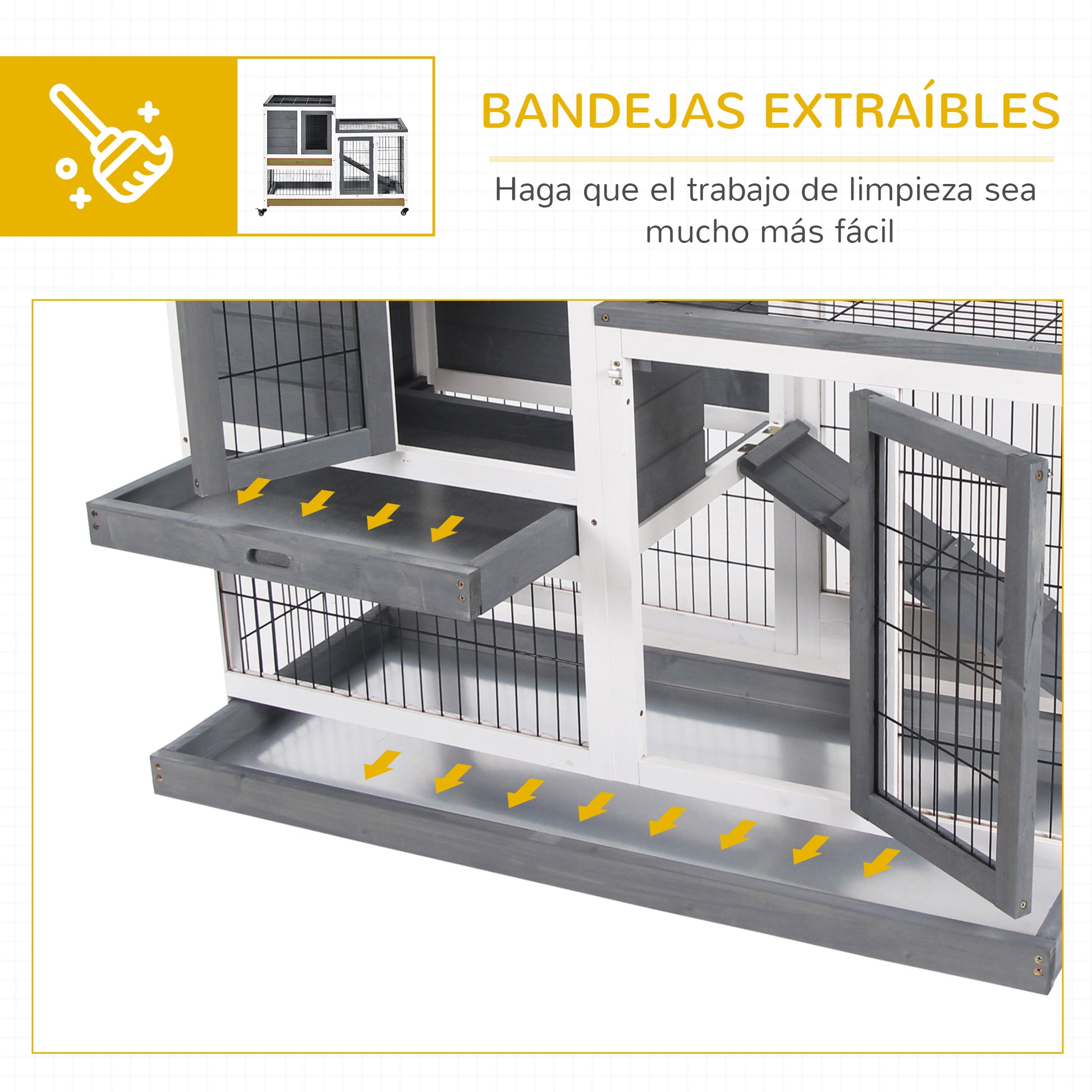 2-Level Wooden Rabbit Hutch with Wheels Doors Open Area Ramp and 2 Removable Trays Indoor Rabbit Hutch 110x50x88 cm Gray