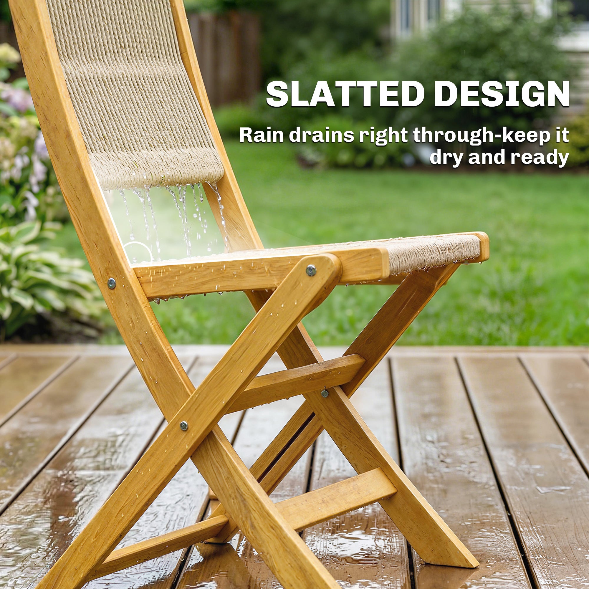 3-Piece Outdoor Acacia Wood Bistro Set – Round Table & 2 Folding PP Rope Chairs, Natural