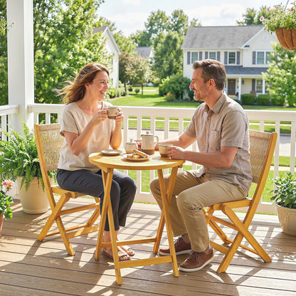 3-Piece Outdoor Acacia Wood Bistro Set – Round Table & 2 Folding PP Rope Chairs, Natural