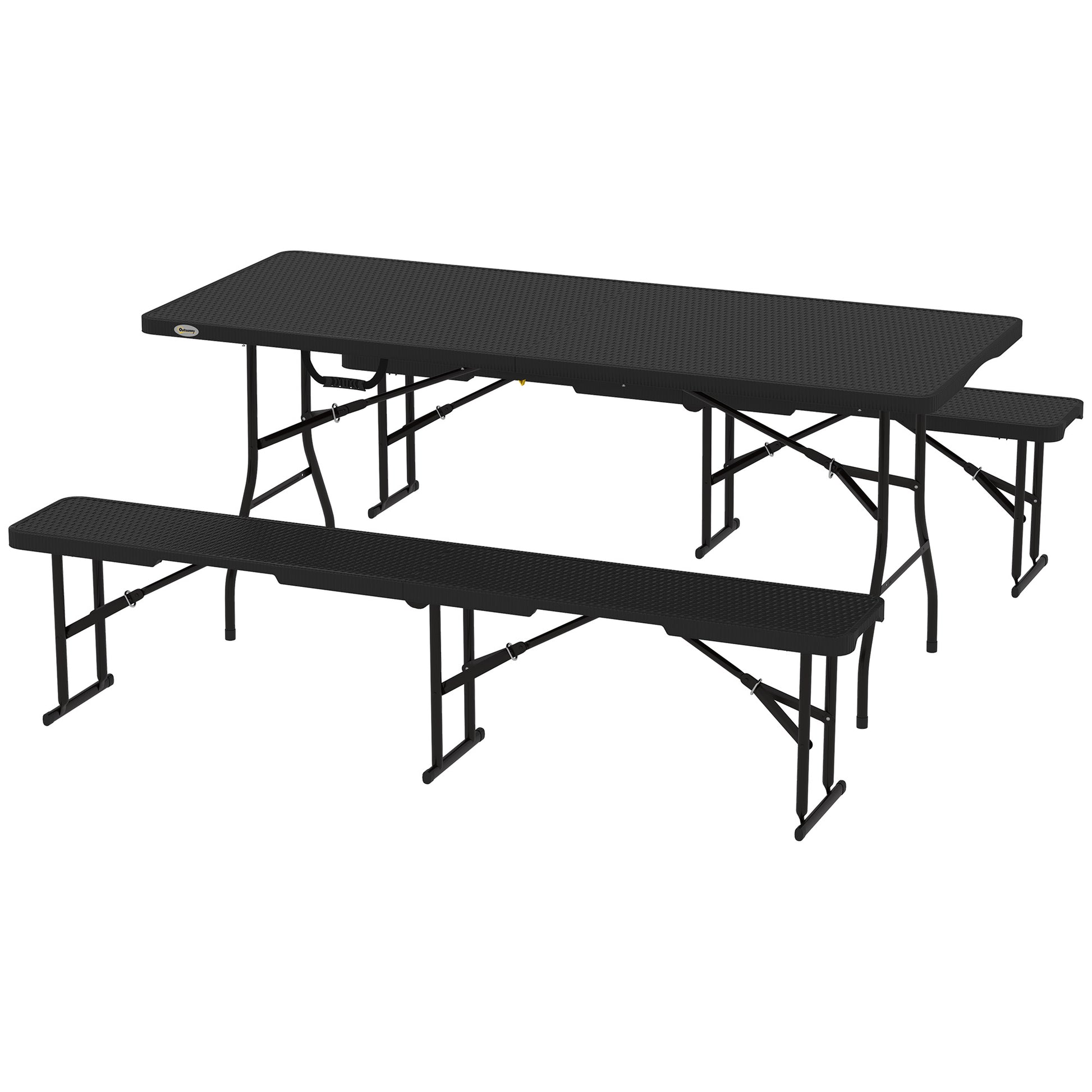 Beer Tent Set 3-piece Foldable Camping Table, 2 Beer Benches with Carry Handle, Rattan Effect, Beer Table Set for Balcony, Party Tent, Garden 180 x 74 x 74 cm