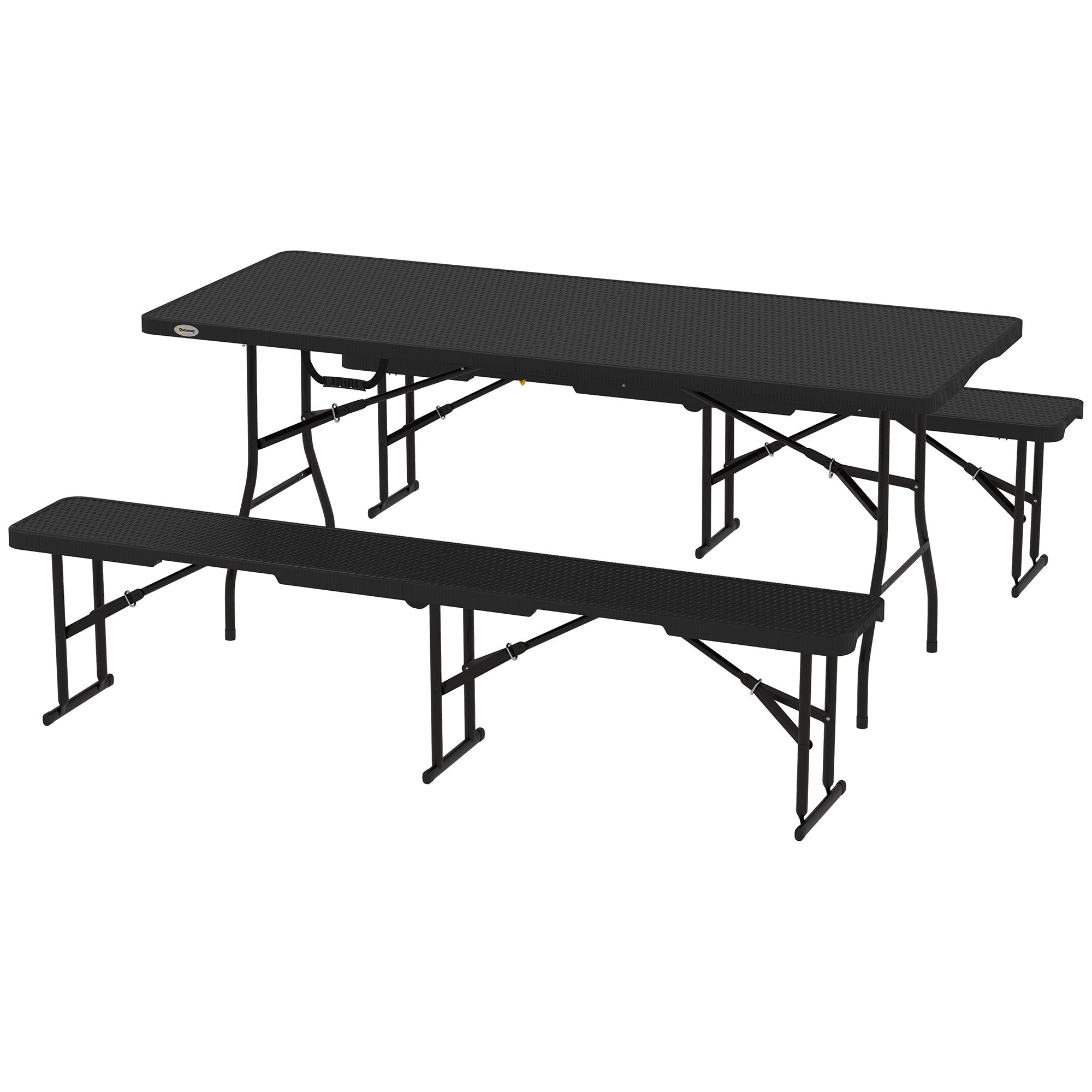 Beer Tent Set 3-piece Foldable Camping Table, 2 Beer Benches with Carry Handle, Rattan Effect, Beer Table Set for Balcony, Party Tent, Garden 180 x 74 x 74 cm