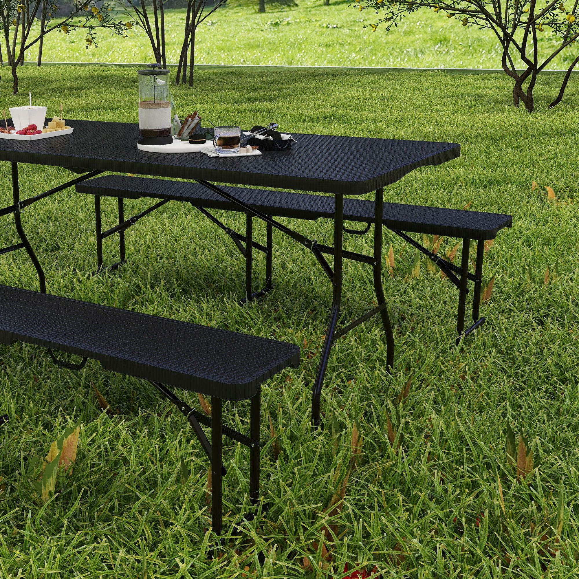 Beer Tent Set 3-piece Foldable Camping Table, 2 Beer Benches with Carry Handle, Rattan Effect, Beer Table Set for Balcony, Party Tent, Garden 180 x 74 x 74 cm