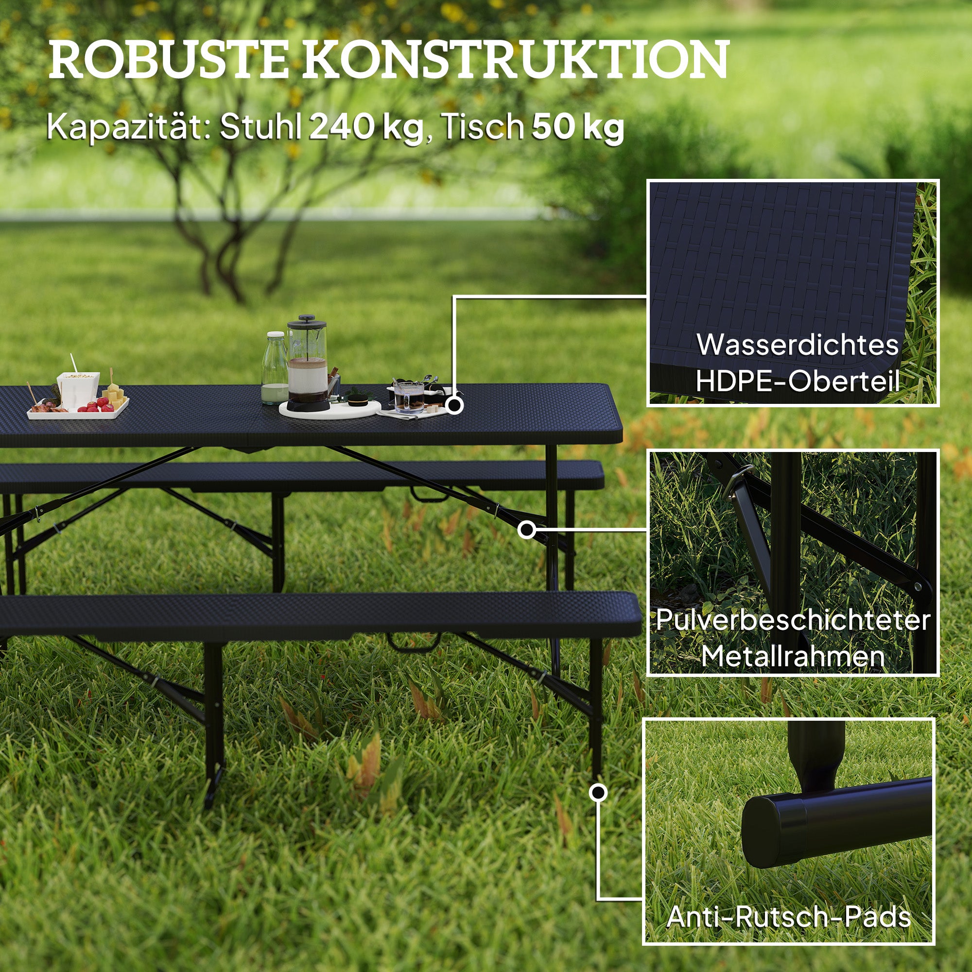 Beer Tent Set 3-piece Foldable Camping Table, 2 Beer Benches with Carry Handle, Rattan Effect, Beer Table Set for Balcony, Party Tent, Garden 180 x 74 x 74 cm