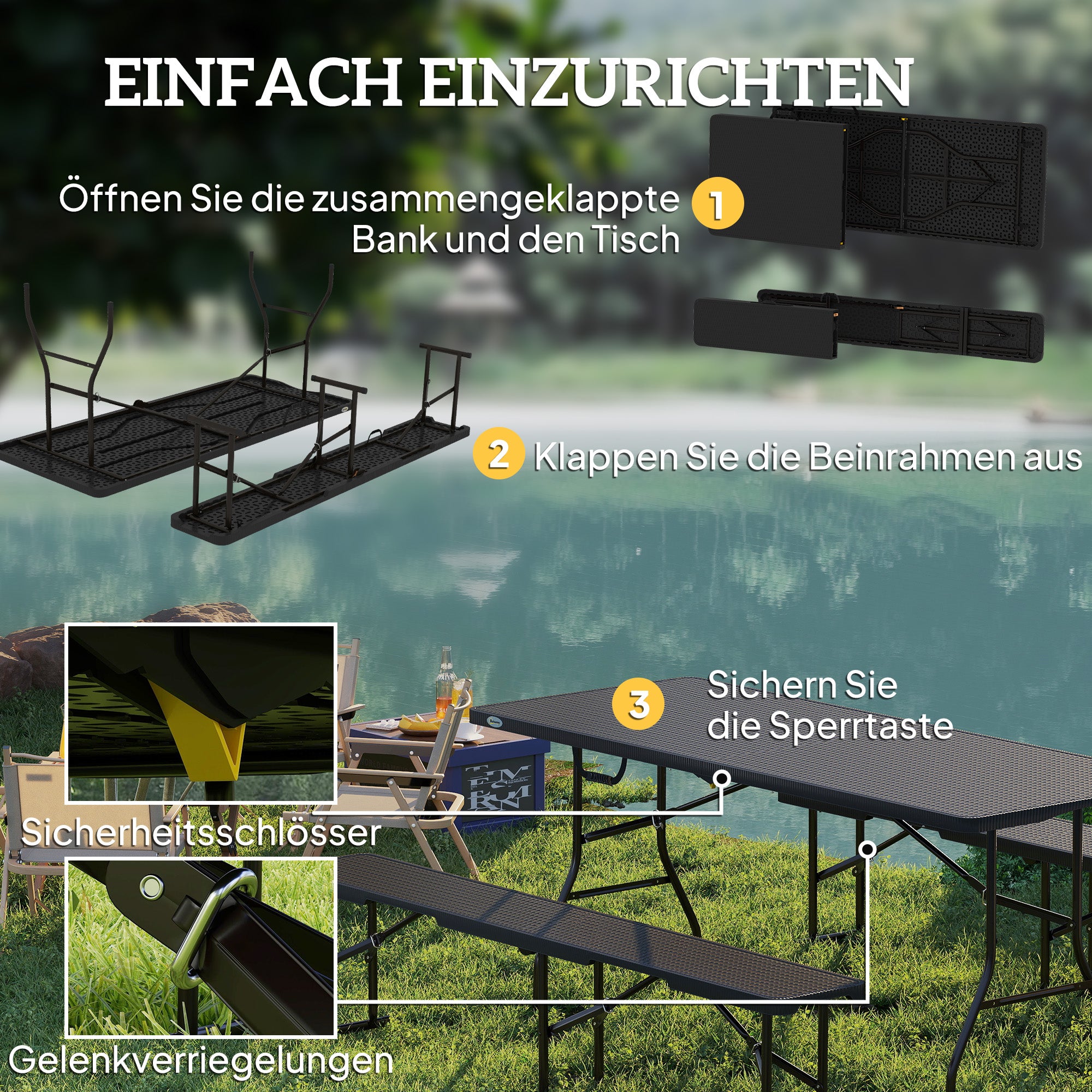 Beer Tent Set 3-piece Foldable Camping Table, 2 Beer Benches with Carry Handle, Rattan Effect, Beer Table Set for Balcony, Party Tent, Garden 180 x 74 x 74 cm
