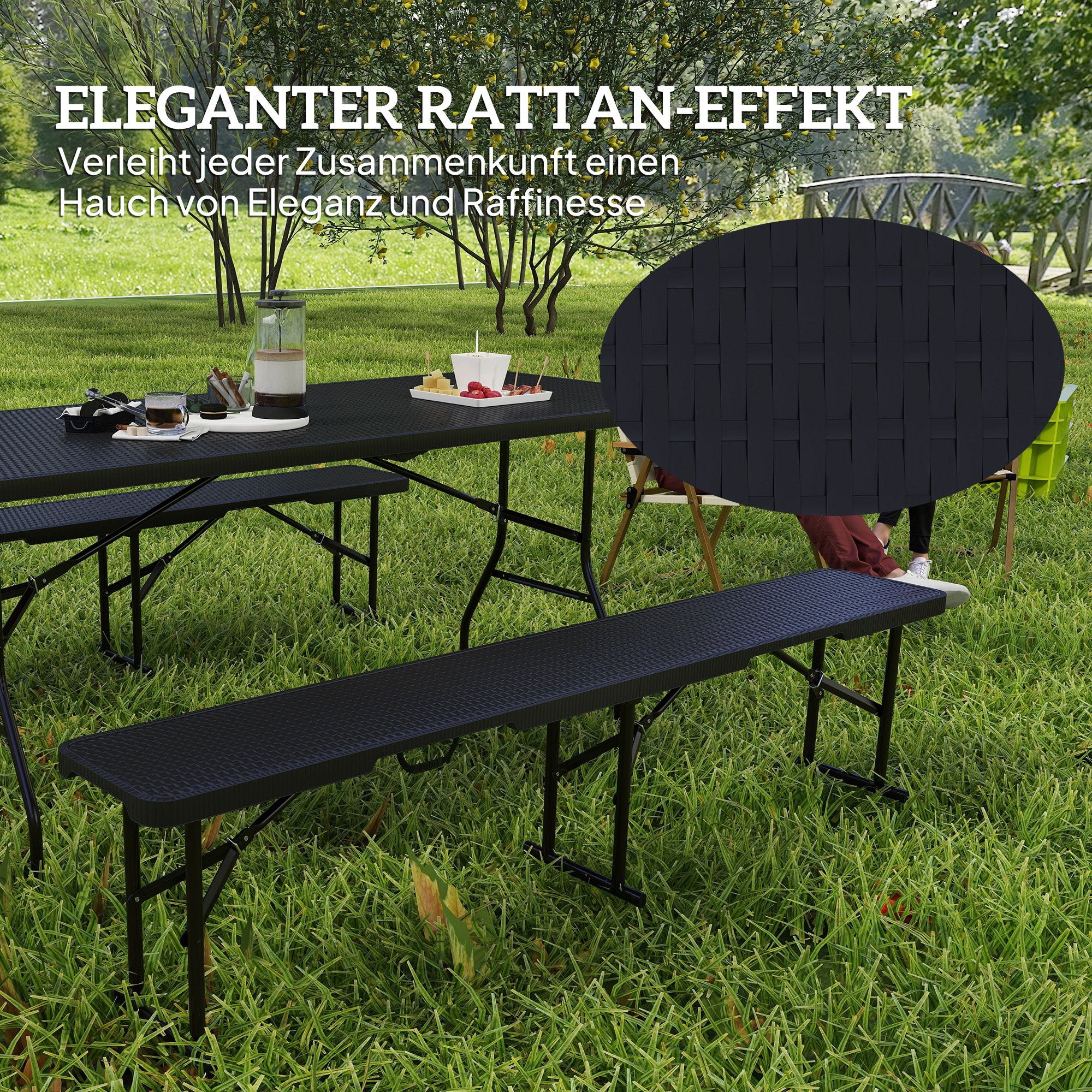 Beer Tent Set 3-piece Foldable Camping Table, 2 Beer Benches with Carry Handle, Rattan Effect, Beer Table Set for Balcony, Party Tent, Garden 180 x 74 x 74 cm