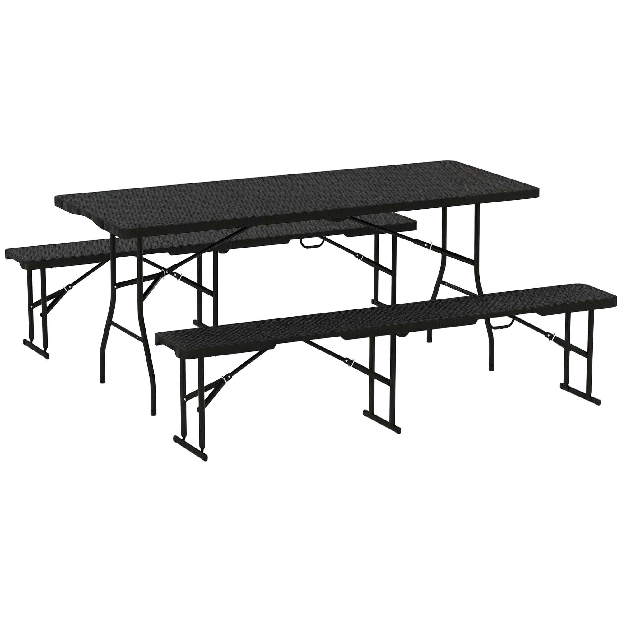 Beer Tent Set 3-piece Foldable Camping Table, 2 Beer Benches with Carry Handle, Rattan Effect, Beer Table Set for Balcony, Party Tent, Garden 180 x 74 x 74 cm