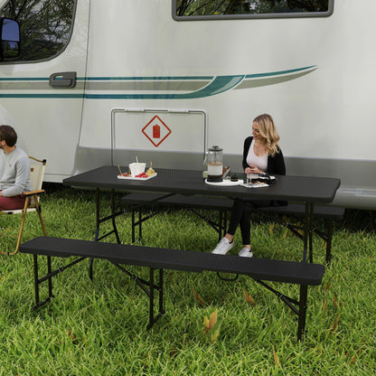 Beer Tent Set 3-piece Foldable Camping Table, 2 Beer Benches with Carry Handle, Rattan Effect, Beer Table Set for Balcony, Party Tent, Garden 180 x 74 x 74 cm