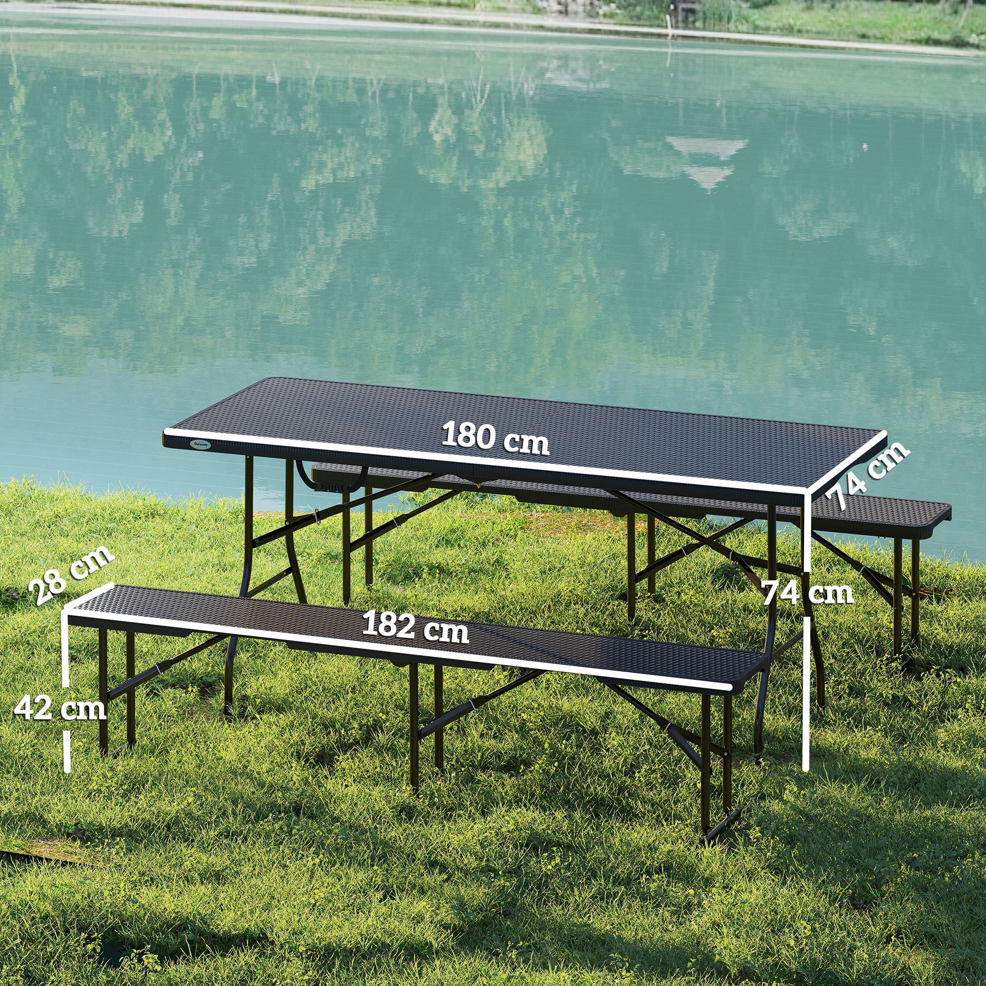 Beer Tent Set 3-piece Foldable Camping Table, 2 Beer Benches with Carry Handle, Rattan Effect, Beer Table Set for Balcony, Party Tent, Garden 180 x 74 x 74 cm