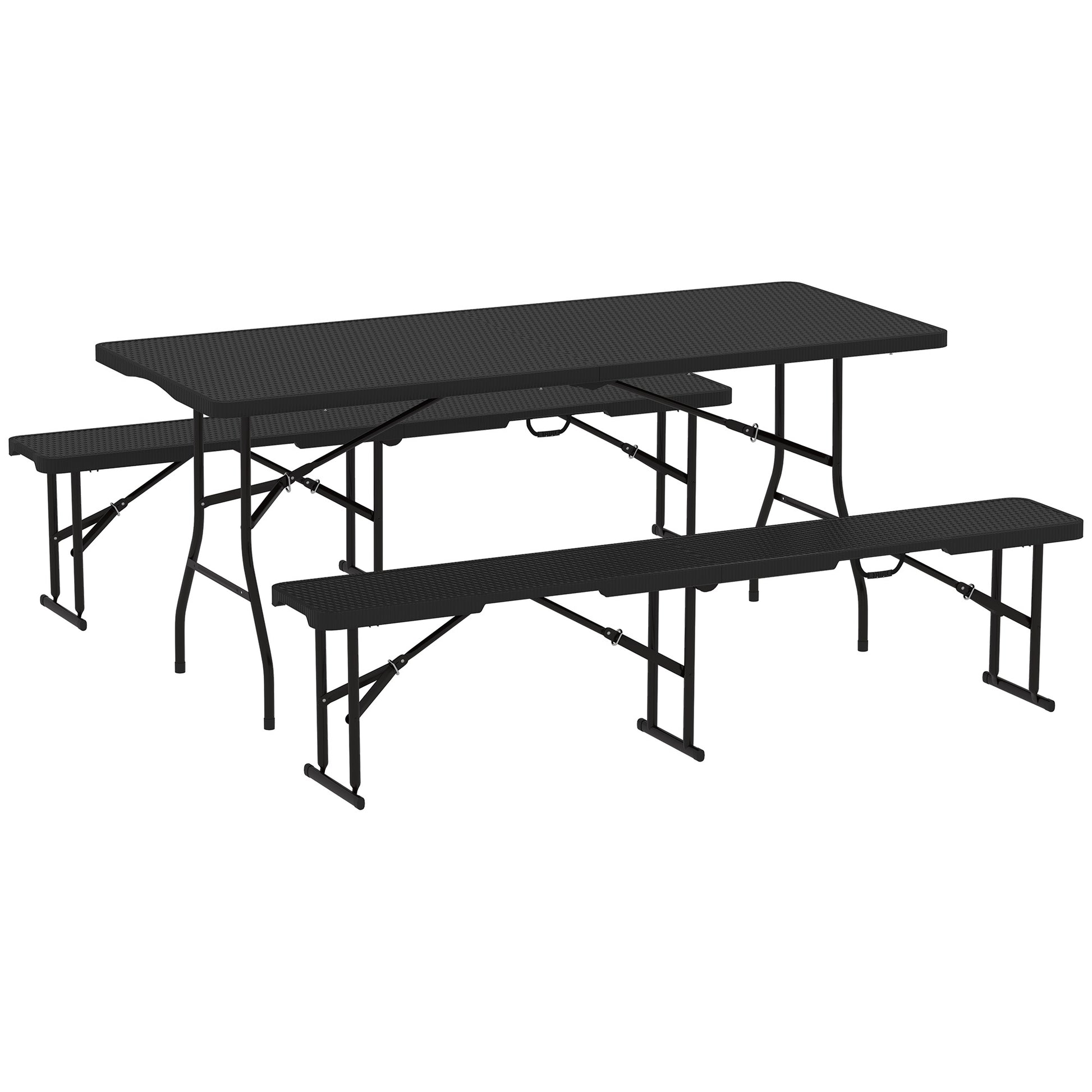 Beer Tent Set 3-piece Foldable Camping Table, 2 Beer Benches with Carry Handle, Rattan Effect, Beer Table Set for Balcony, Party Tent, Garden 180 x 74 x 74 cm