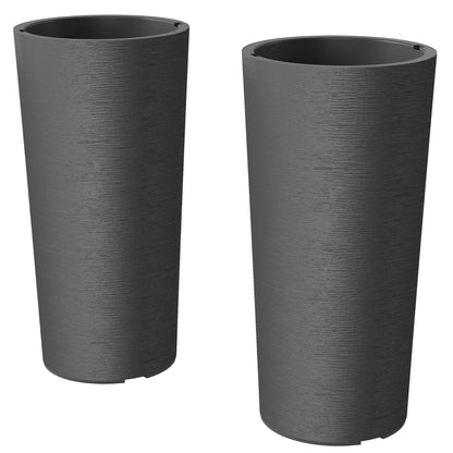 Set of 2 Stackable 23.6 in Tall Planters – Plastic Flower Pots with Inner Liner & Drainage, Dark Gray