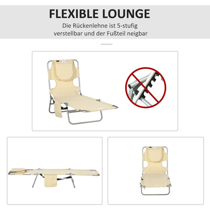 Folding Sun Lounger with Face Cradle & Head Pillow, 5-Position Adjustable Backrest, Weather-Resistant Camping/Garden/Pool Lounger up to 265 lb, Beige