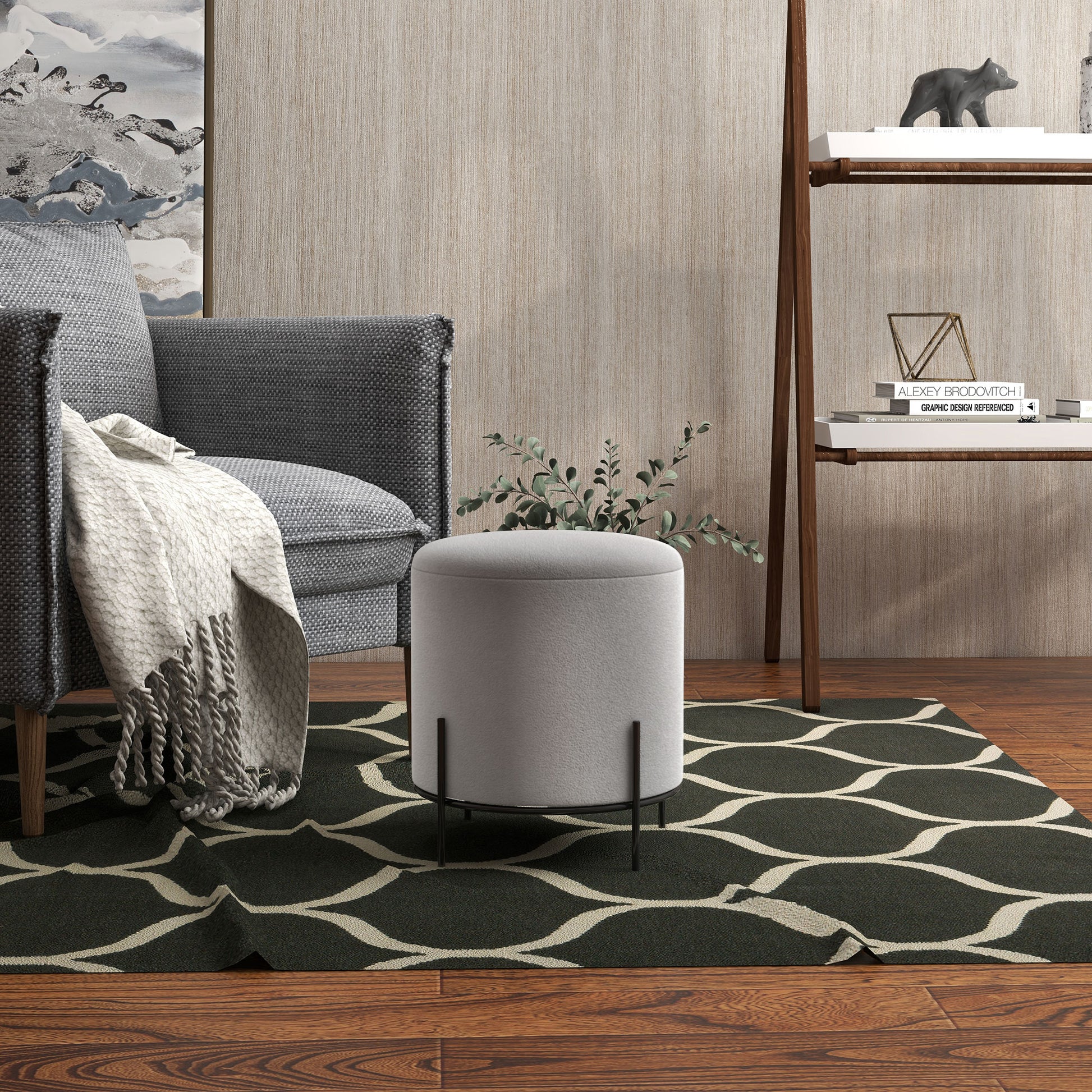 Ottoman Pouf Footstool Velvet Ottoman Steel Legs Ø 35 x 38 cm for Living Room Bedroom Light Gray