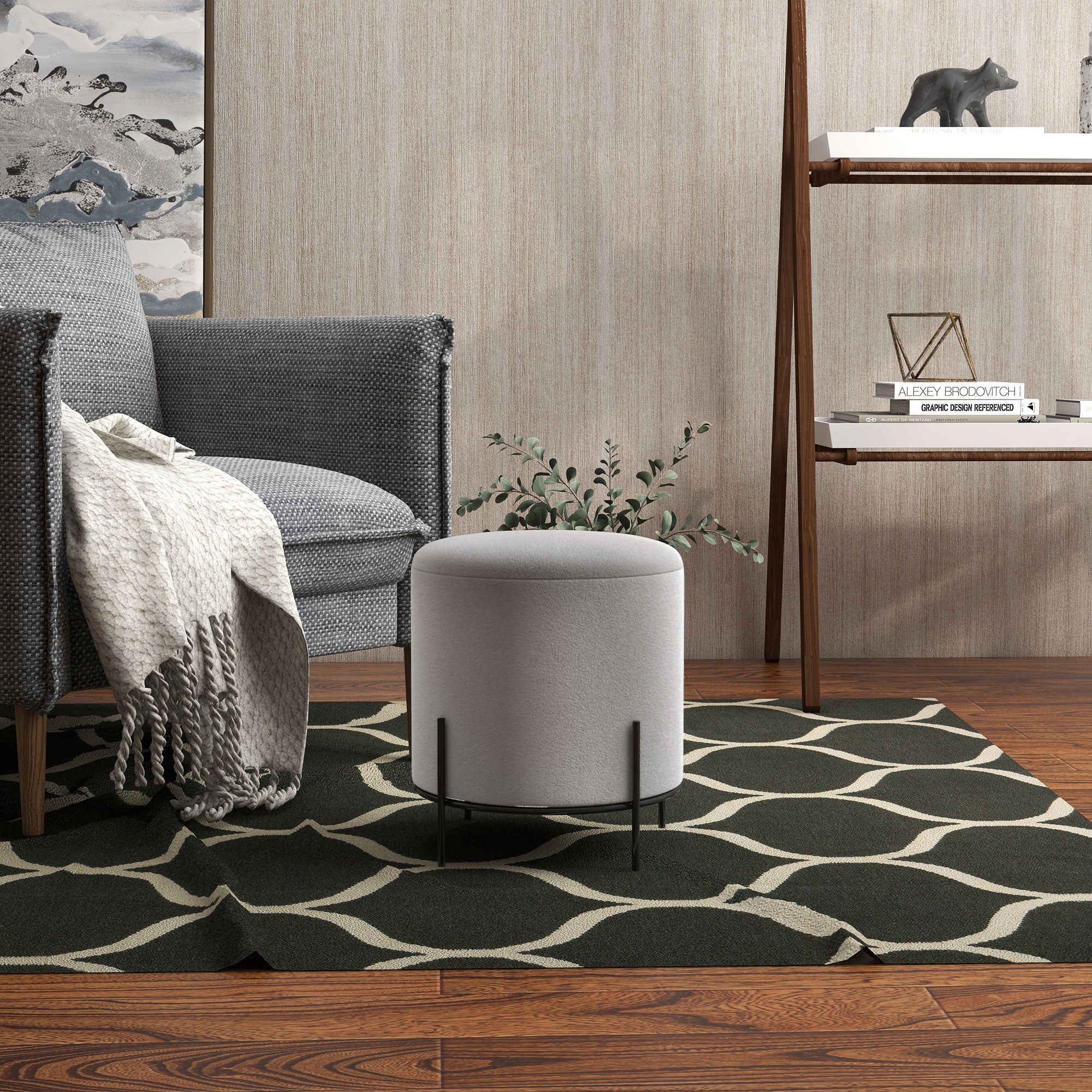 Ottoman Pouf Footstool Velvet Ottoman Steel Legs Ø 35 x 38 cm for Living Room Bedroom Light Gray