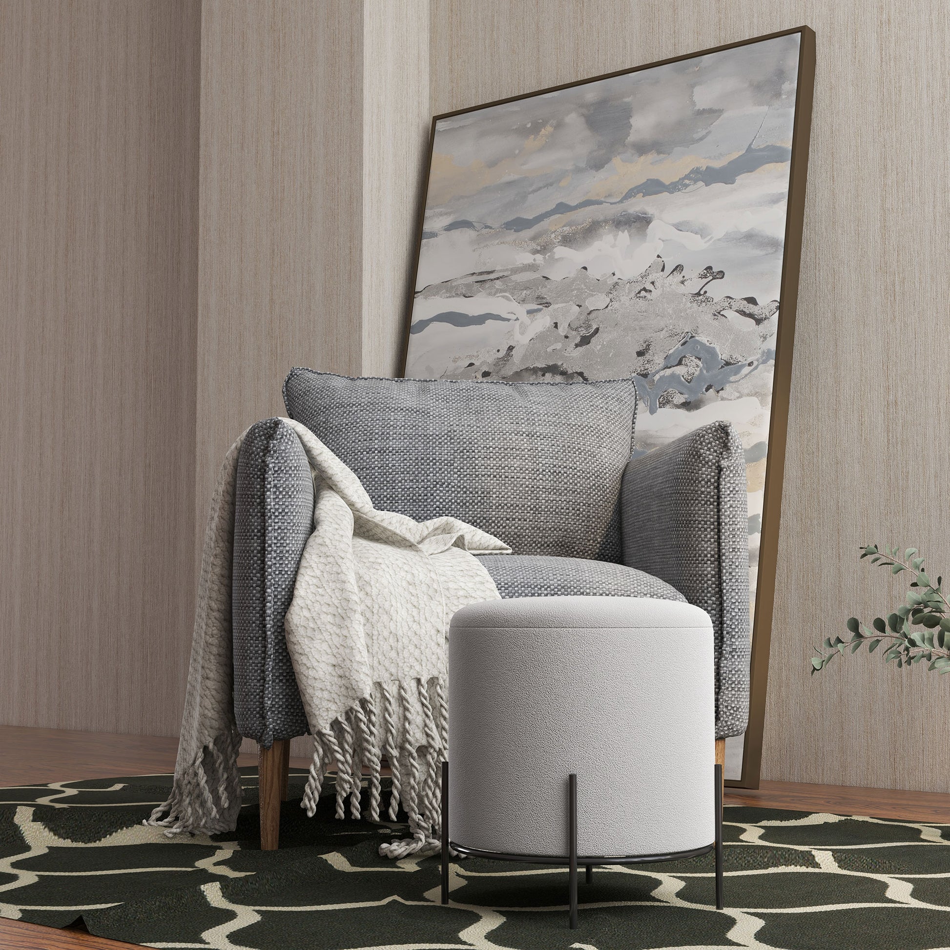 Ottoman Pouf Footstool Velvet Ottoman Steel Legs Ø 35 x 38 cm for Living Room Bedroom Light Gray