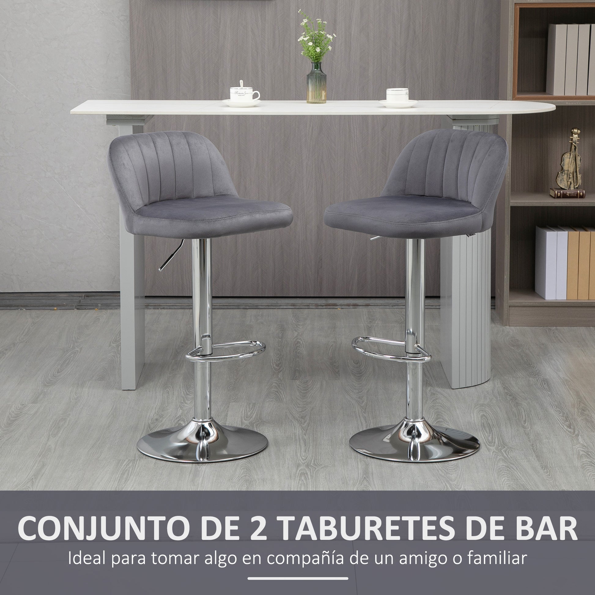Set of 2 Upholstered Kitchen Bar Stools Velvet Barstools with Adjustable Height Swivel Seat and Footrest 120 kg Capacity 43x45x81-101 cm Grey