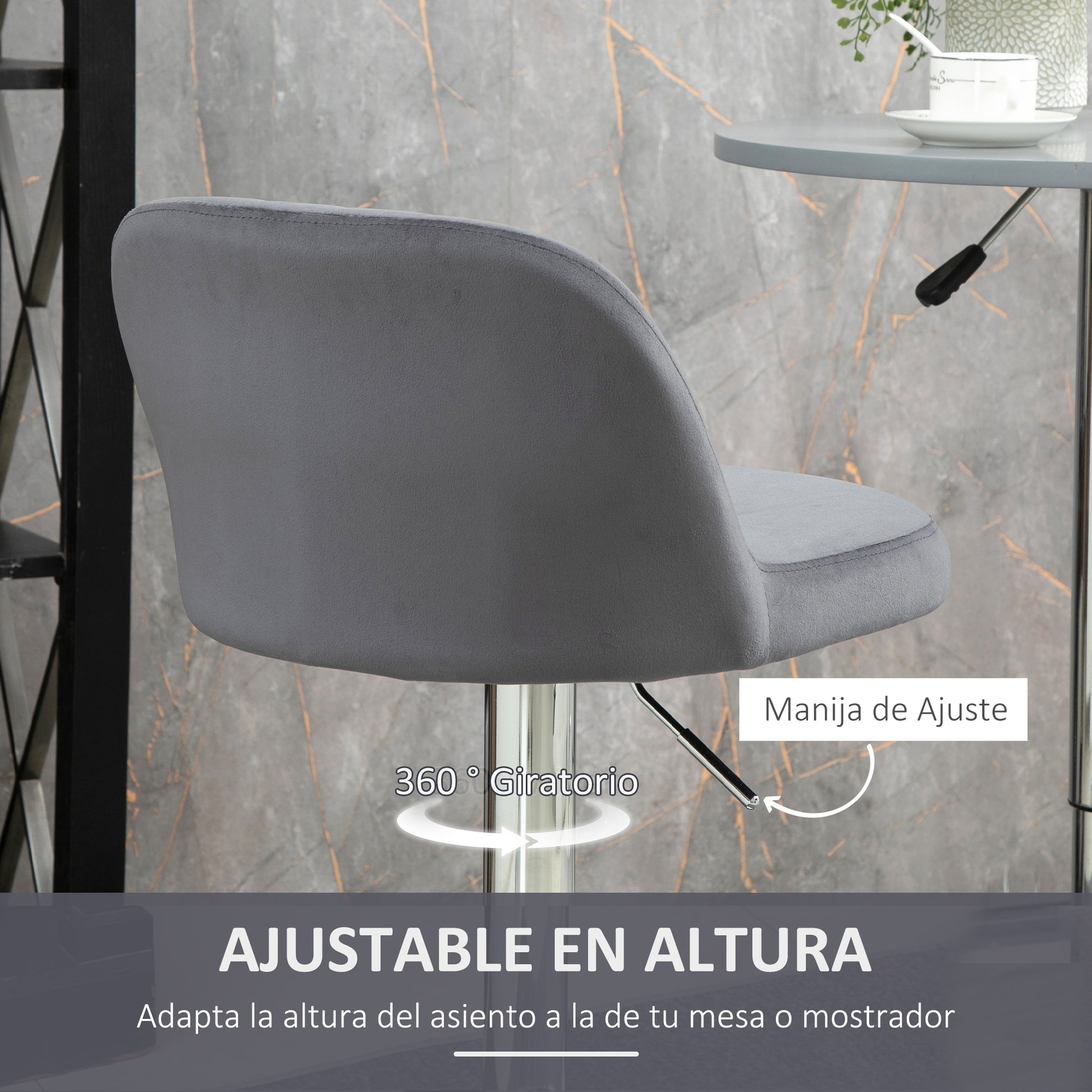 Set of 2 Upholstered Kitchen Bar Stools Velvet Barstools with Adjustable Height Swivel Seat and Footrest 120 kg Capacity 43x45x81-101 cm Grey
