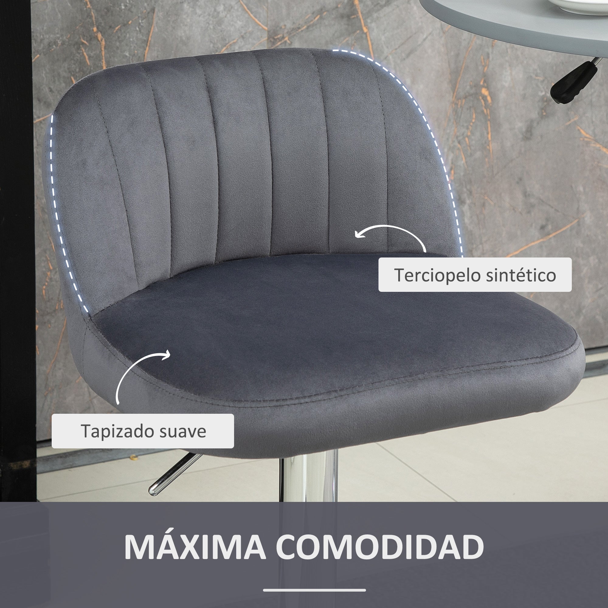 Set of 2 Upholstered Kitchen Bar Stools Velvet Barstools with Adjustable Height Swivel Seat and Footrest 120 kg Capacity 43x45x81-101 cm Grey