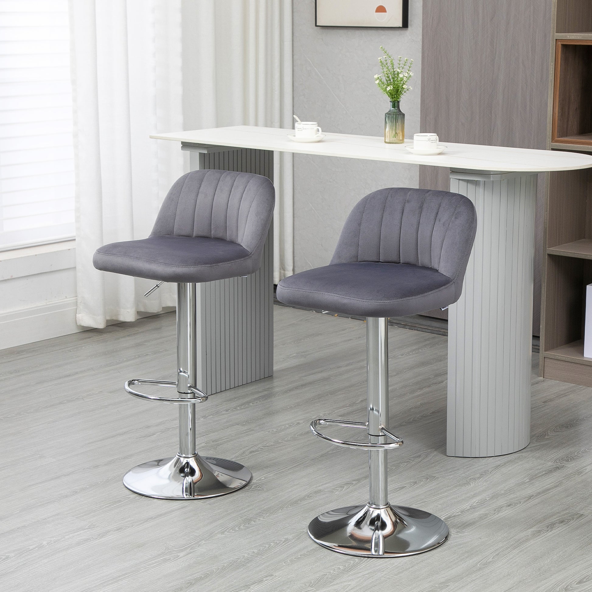 Set of 2 Upholstered Kitchen Bar Stools Velvet Barstools with Adjustable Height Swivel Seat and Footrest 120 kg Capacity 43x45x81-101 cm Grey
