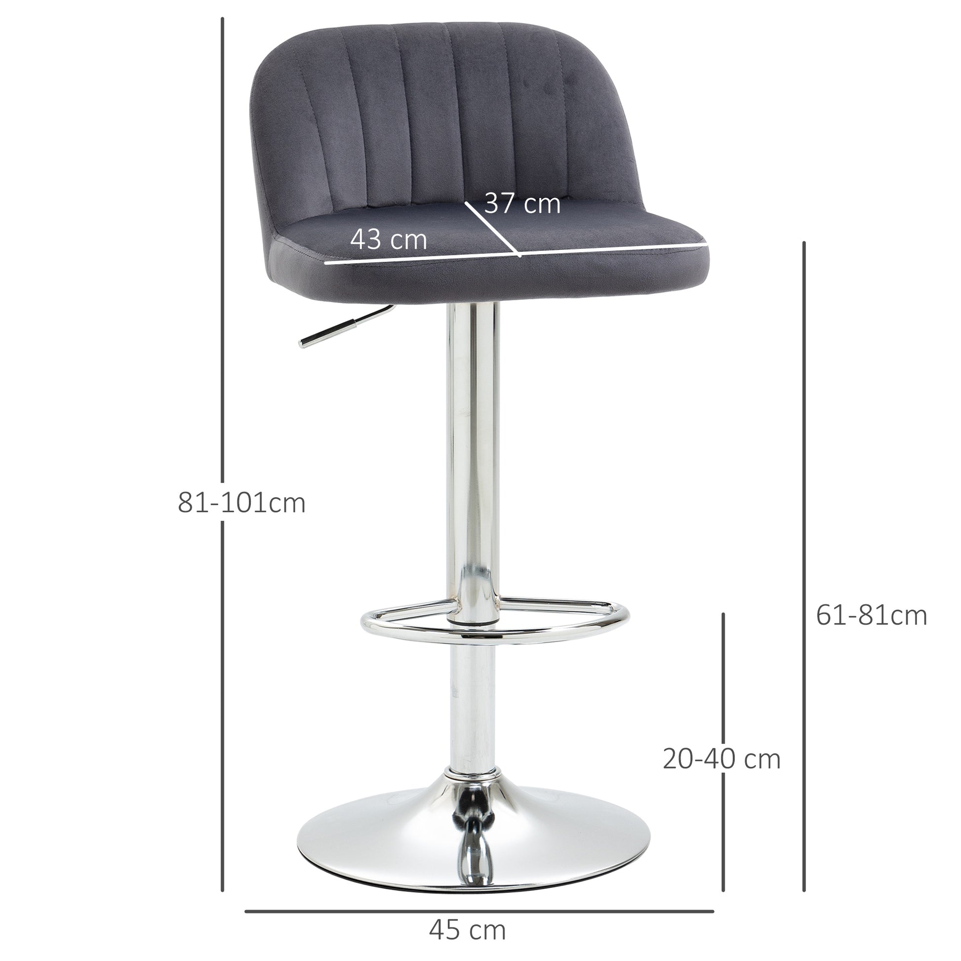 Set of 2 Upholstered Kitchen Bar Stools Velvet Barstools with Adjustable Height Swivel Seat and Footrest 120 kg Capacity 43x45x81-101 cm Grey