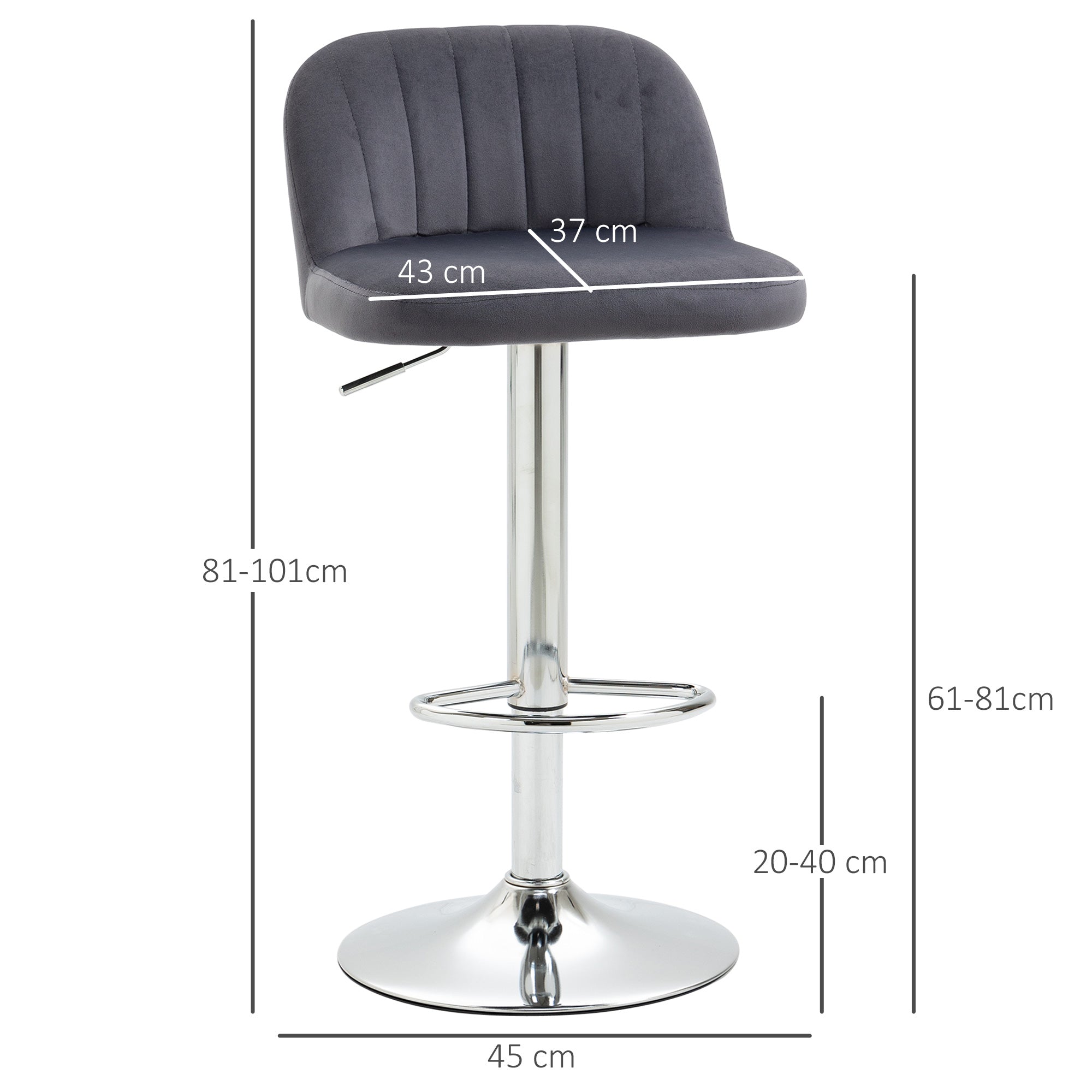 Set of 2 Upholstered Kitchen Bar Stools Velvet Barstools with Adjustable Height Swivel Seat and Footrest 120 kg Capacity 43x45x81-101 cm Grey